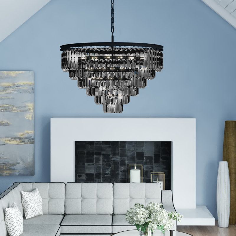 Yazmin Crystal Dimmable Tiered Chandelier , Gray, Matte Black