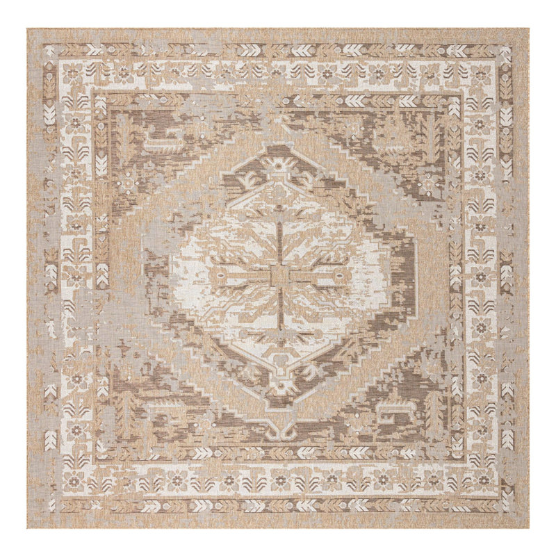 Oriental Machine Woven Polypropylene Indoor / Outdoor Area Rug in Natural, Square 13'1"