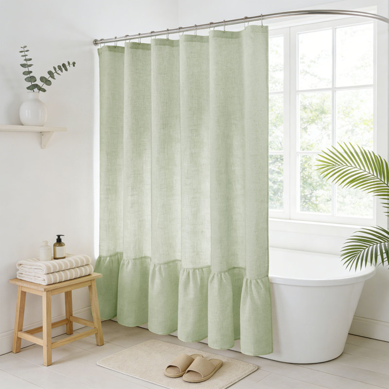 Rideau de douche en mélange de lin avec ourlet à volants, H 72 po x l 84 po, Sauge