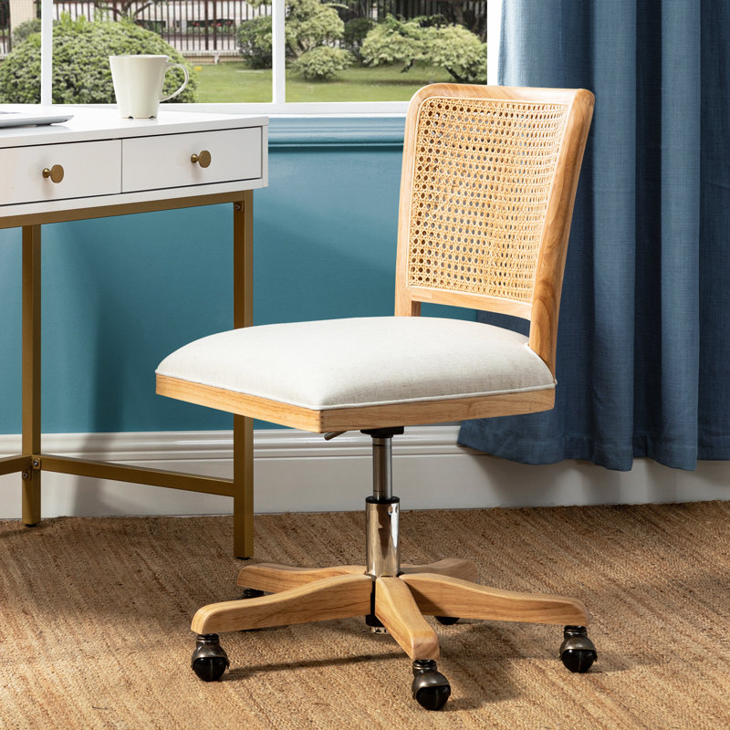 Achel Modern Armless Swivel Office Chair with Rattan Back, Linen