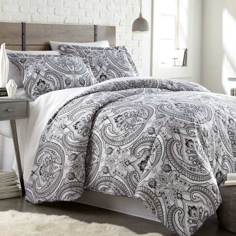 Pure Melody Microfiber Reversible Paisley Oversized Duvet Cover Set with shams, Twin/Twin XL Duvet Cover + 1 Sham, Black