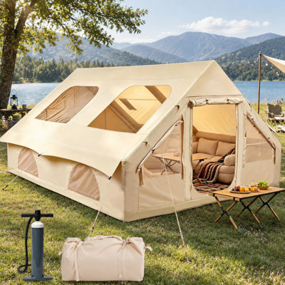 Tente gonflable chaude pour chalet avec lanterneau pour 4 à 10 adultes, tente gonflable Glamping facile à installer, tente de camping imperméable Oxford 420D avec cric, pompe et sac de rangement