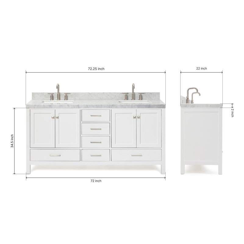 Cambridge 72'' Solid Wood Double Bathroom Vanity in White, with 2'' Carrara Marble Top, Center, Rectangle Sink, Rectangle