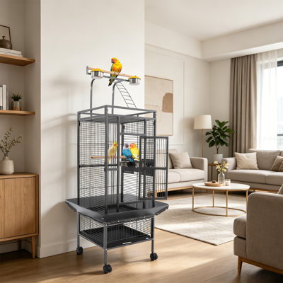 Black Large Rolling Metal Parrot Cage with Play Top & Lockable Casters Bird Cage for Cockatiels Budgies Conures Easy-Clean Pull-Out Tray