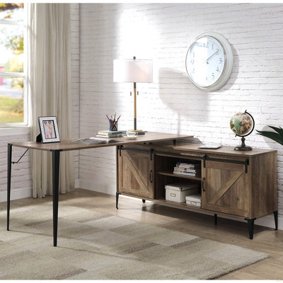 Bureau d'écriture en L avec armoire latérale, chêne rustique et noir