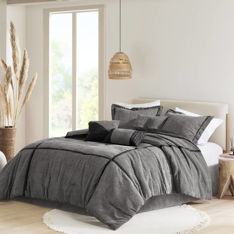 7 Piece Corduroy Bedroom Grey King - Modern, Comfortable Design Comforter Dark Brushed Fabric Reverse For Comfort