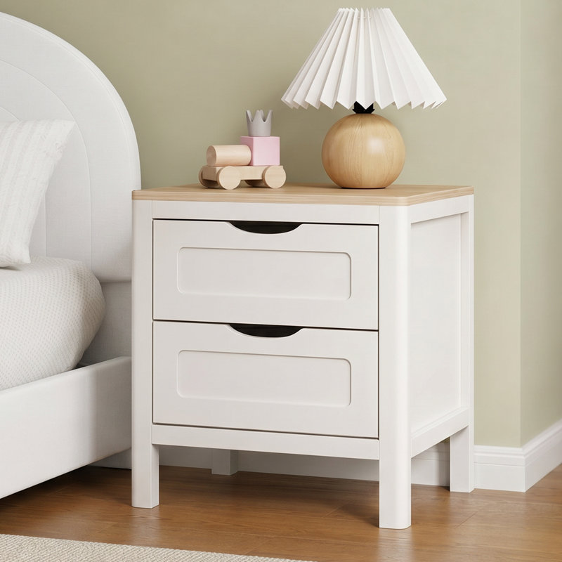 Table de chevet moderne Abra 19,68 po à 2 tiroirs, sans poignée et aux bords arrondis (ensemble de 2), Blanc, Ensemble de 2
