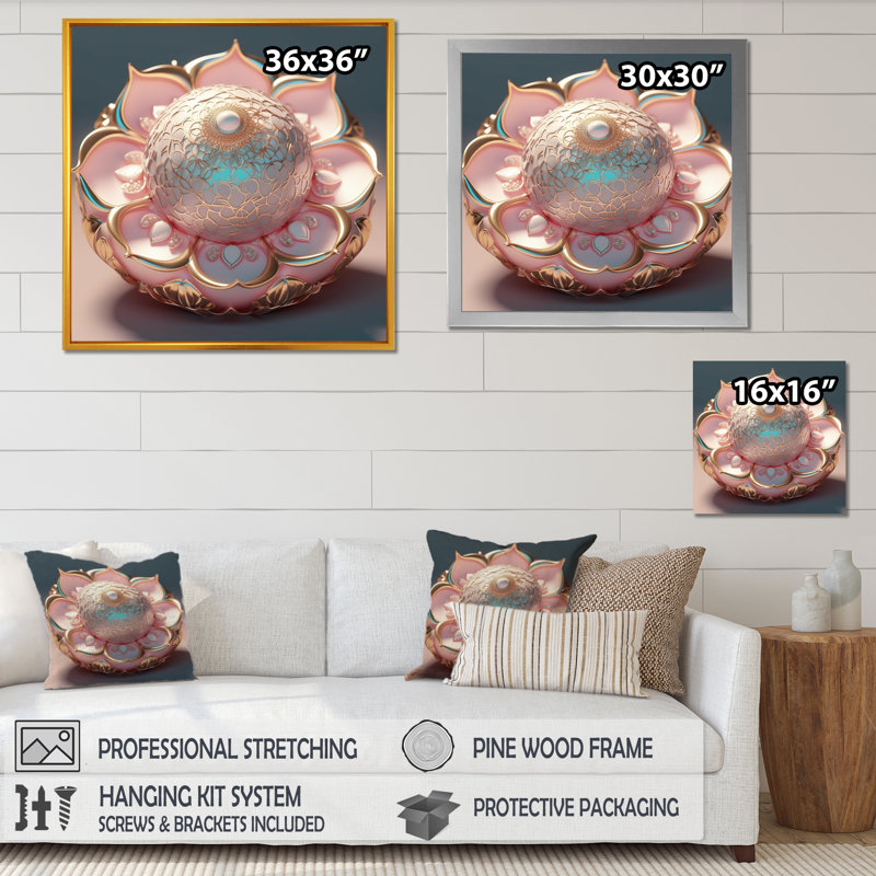 Exquis, mandala de lotus or rose I sur toile, H 16 po x l 16 po x P 1 po, Cadre flottant noir