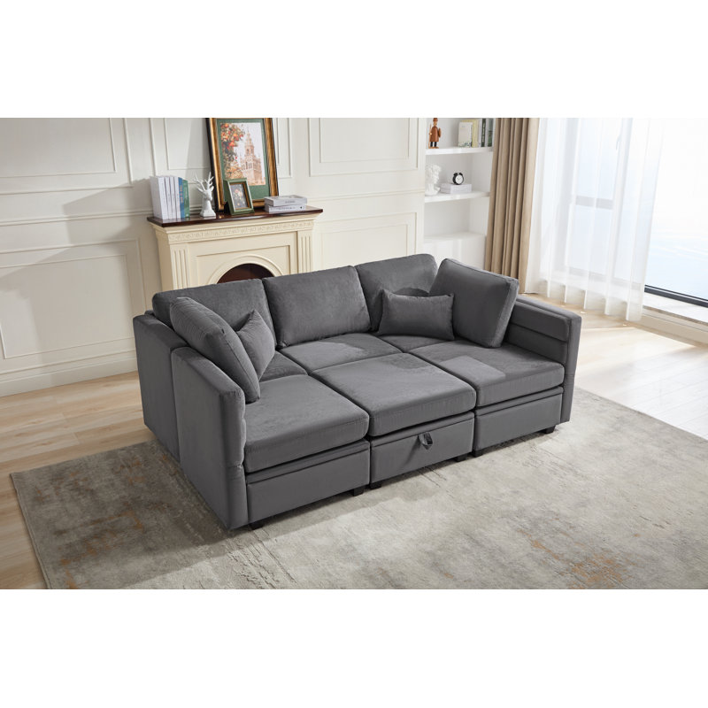Calkins 6 Piece Modular Sofa Sleeper Couch Bed With Storage Seats & Adjustable Back, Dark Gray Polyester