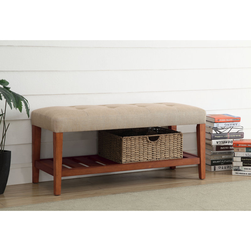 Banc rembourré en tissu avec finition chêne naturel, collection Charla, Beige