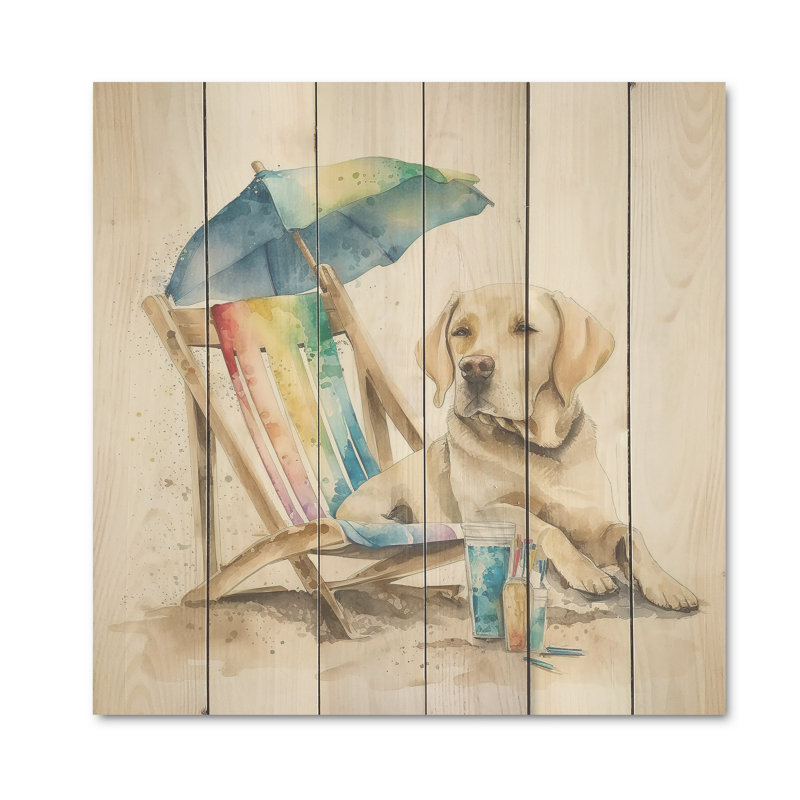 Wenona chien couché sur une chaise à la plage V - impression sans cadre sur bois, H 16 po x l 16 po x P 1 po