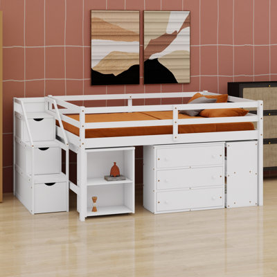 Lit mezzanine peu encombrant, bureau d'écriture, 3 tiroirs, escalier de rangement et tablettes pour la chambre à coucher