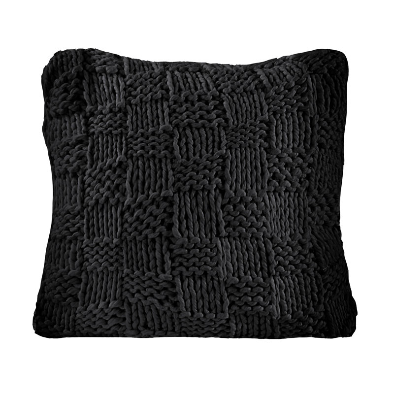Jessica Hand Knitted Solid Textured Chess Pattern Square 27x27 inch Euro Throw Pillow & Insert, Black