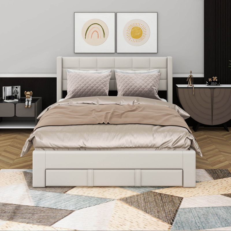 Grand lit plateforme tapissier avec grand tiroir, Beige