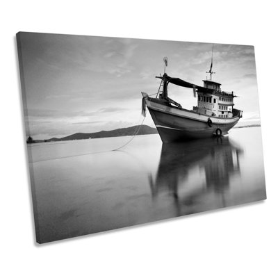 Fishing Boat Sunset Seascape B&W - Wrapped Canvas Print