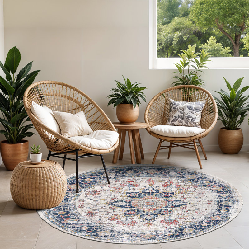 Antwian Traditional Boho Dark Blue Area Rug, Round 160cm