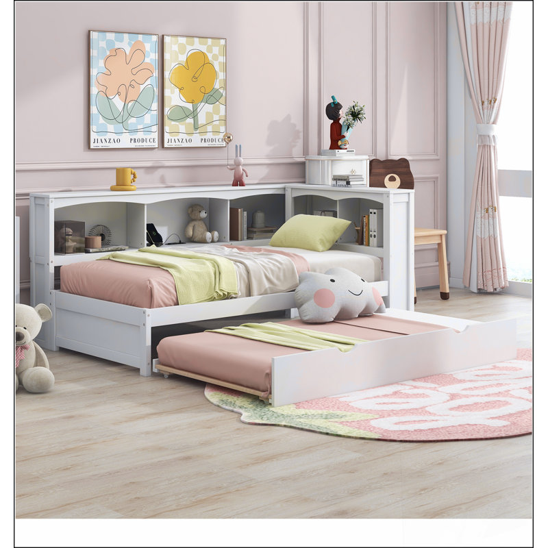 Lit de jour simple avec lit gigogne, armoires de rangement et ports USB, Blanc