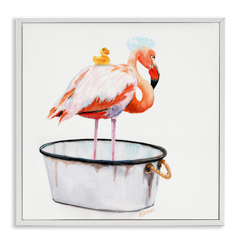 «Flamingo Bath Time» par Jennifer Redstreake - Reproduction d'art, Giclée encadrée blanc bord de mer, H 17 po x l 17 po