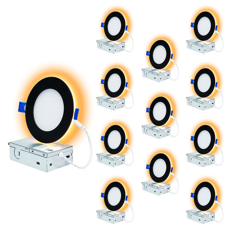 Éclairage encastré 4 po avec veilleuse, à intensité variable, 5 CCT, wafer mince, 9 watts, paquet de 12, Noir