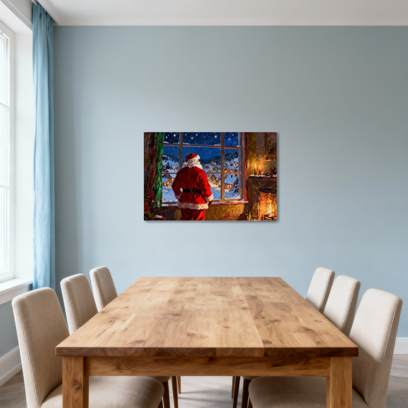 Noël père Noël regardant par la fenêtre au village enneigé, H 16 po x l 24 po