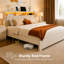 Grand lit tapissier avec tiroirs, tête de lit avec station de charge et lumières DEL, aucun matelas à ressorts requis, conception silencieuse, facile à assembler, beige-130430064-130430061