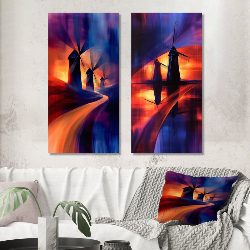Ensemble de 2 pièces d'art mural orange lueur de soirée orange I - Windmills, Toile tendue, H 28 po x l 24 po