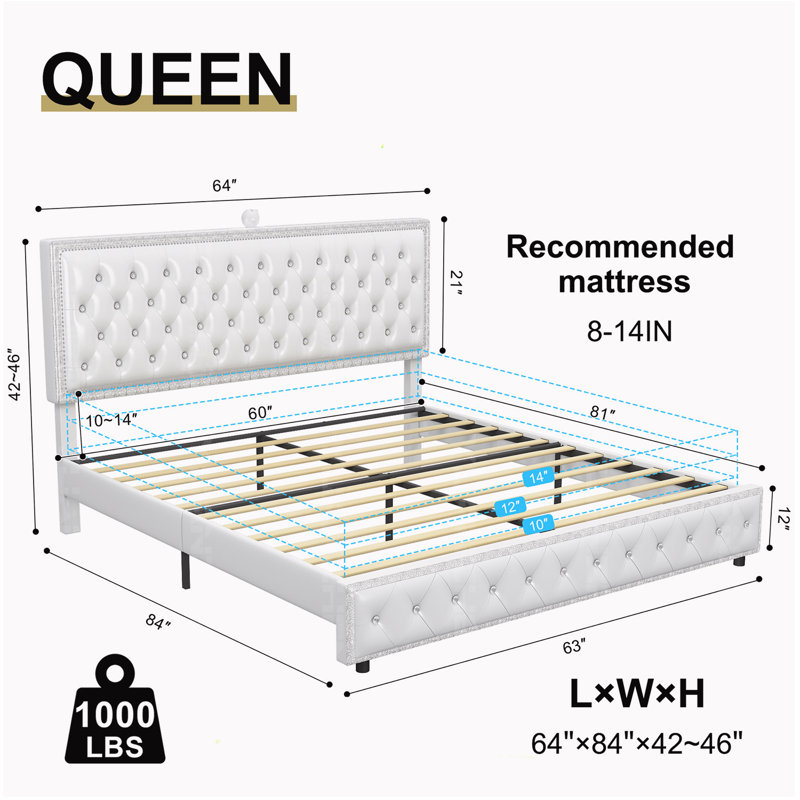 Upholstered Bed with Diamond Button, Modern Bed Frame with Galaxy Projector, No Box Spring Needed & Noise-Free Sturdy Wood Slats, PU