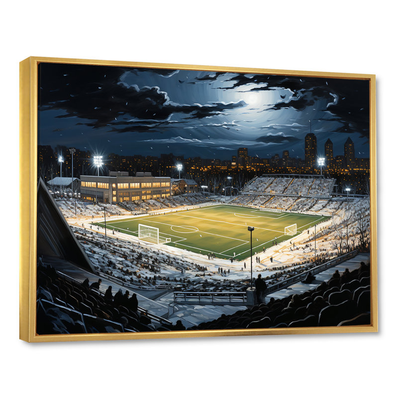 Night Match Stadium Under The Floodlight III sur toile, Cadre flottant doré, H 34 po x l 44 po x P 1,5 po