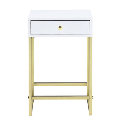 1 table d'appoint en blanc et laiton de style rectangulaire pour la salle de lavage, tiroir contemporain à glissières en métal, table dorée contemporaine, surface de pont, système Smooth