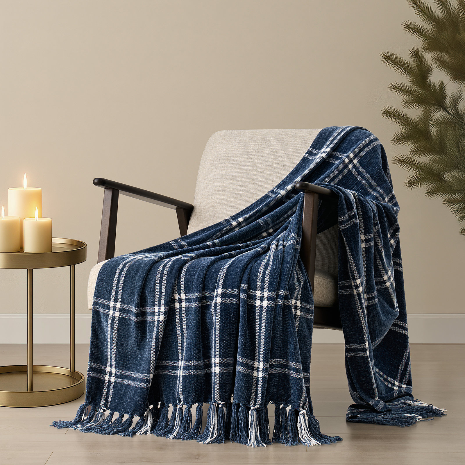Chenille Throw Blanket, 60" L x 50" W, Navy Blue/White Plaid