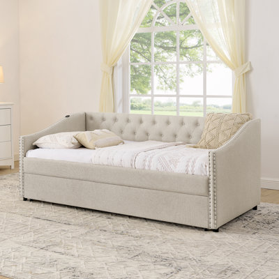 Twin Size Tufted Nailhead Trim Daybed With USB Charging & Pull-Out Extendable Bed