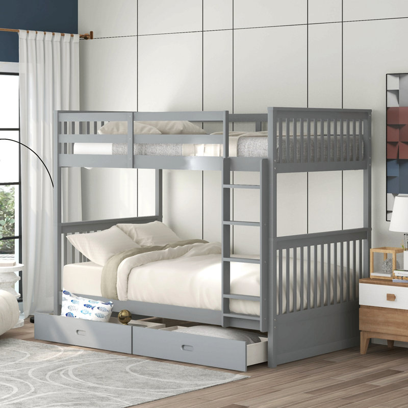 Lit superposé simple au-dessus de simple avec échelles et deux tiroirs de rangement (gris) (Lt000265aae)