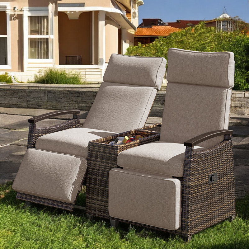 Outdoor Wicker Reclining Loveseat With Storage Table, Beige Cushion/Brown Frame