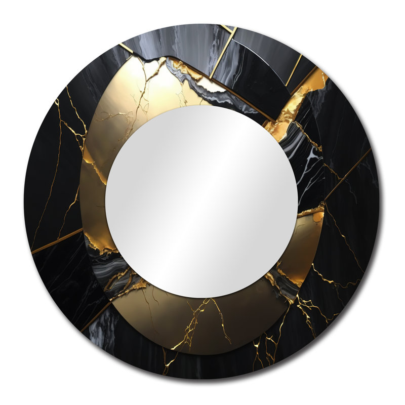 Persayus Abstract Geode Gold III - Marble Decorative Wall Mirror, Modern Large Round Mirror, Printed Metal Art, 29" x 29"