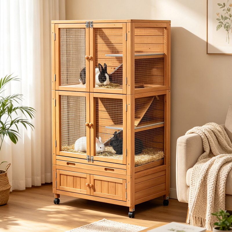Cage intérieure Chinchilla en bois respirant à 4 niveaux avec roues mobiles et armoire de rangement