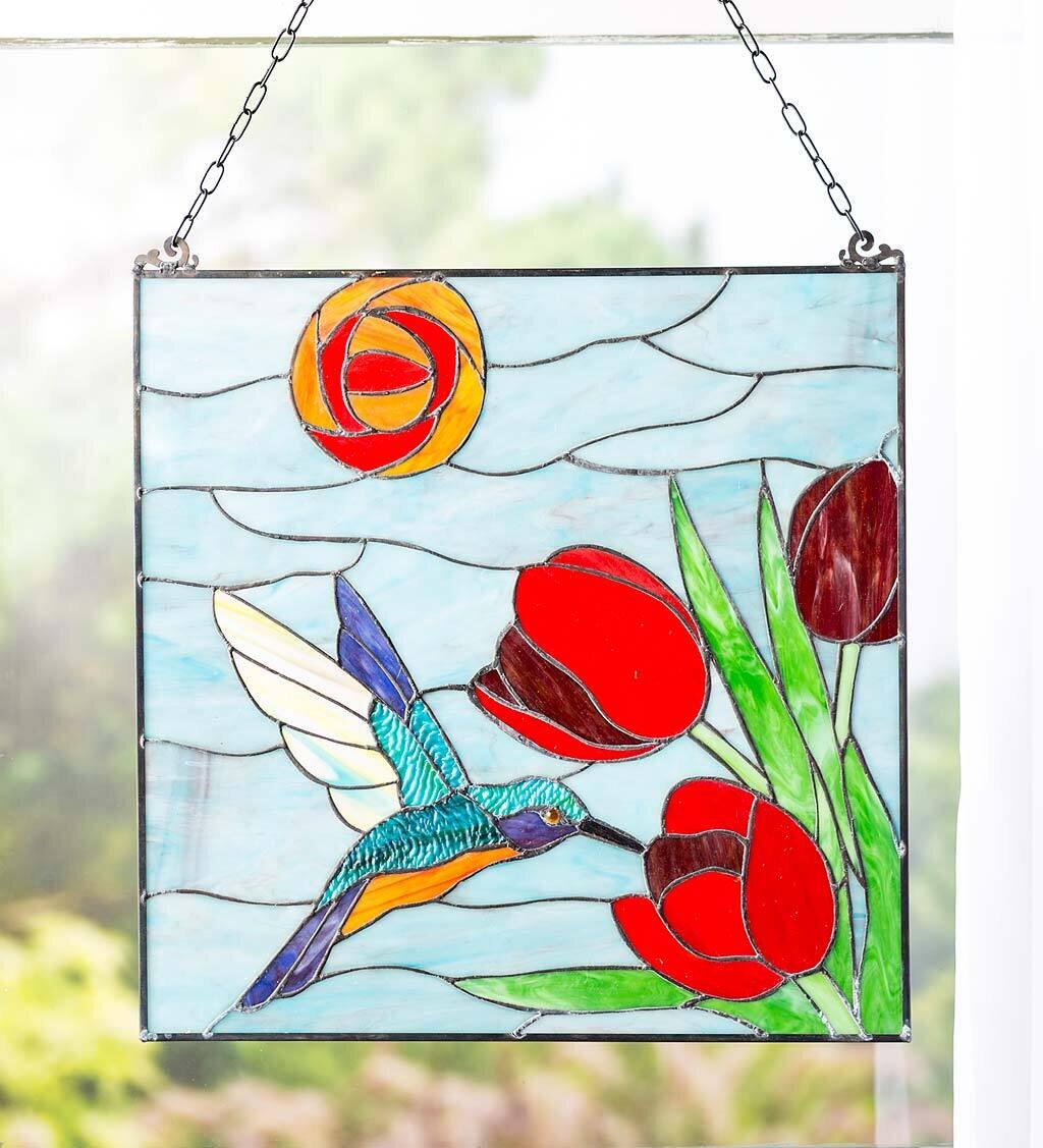Colibri attrape-soleil pour fenêtre, colibri avec vitrail de fleurs