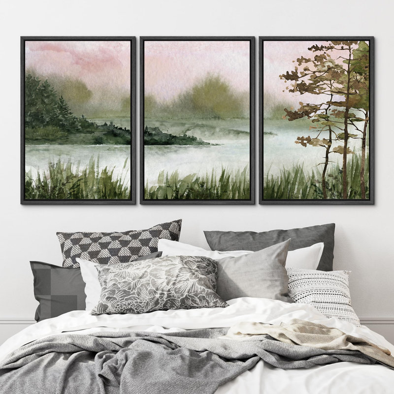 "Tranquil Lake Serene Misty Forest Landscape Nature Wilderness Illustration Modern Decor" 3 pièces, Noir, H 24 po x l 16 po