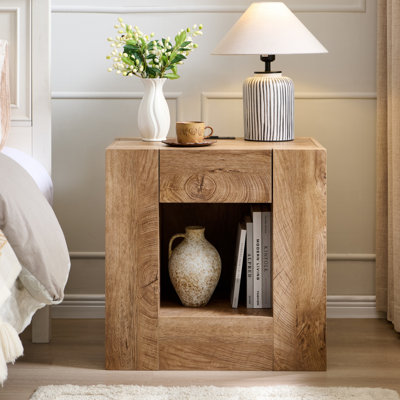 Modern Nightstand With Charging Station, 24" Large Bedside Table With Drawers & Open Shelf，Night Stand Wood Thick Design