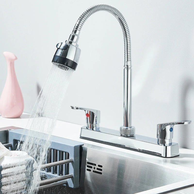 Robinet de cuisine moderne à 2 poignées chromées, robinet d'évier en acier inoxydable pivotant à 360 ° de 8 po de hauteur avec bec flexible
