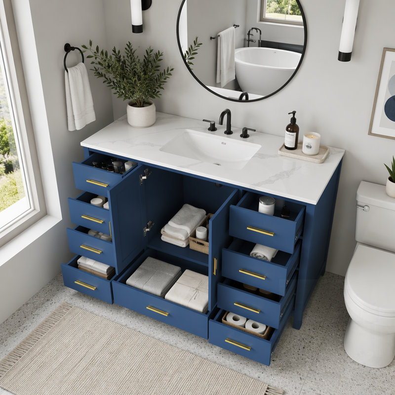 Meuble-lavabo moderne en bois massif avec lavabo, comptoir en quartz, 3 trous de robinet, 2 portes à fermeture douce, 9 tiroirs spacieux