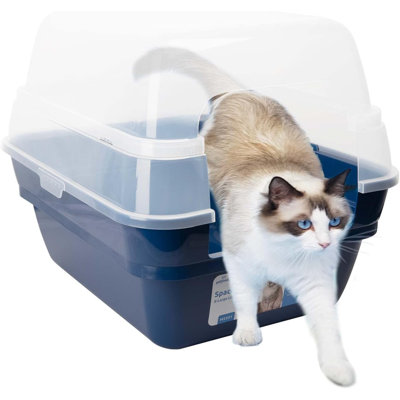 Jumbo Cat Litter Box With Lid, Odorless Enclosed Cat Toilet With Cover, Extra Large Litter Pan For Small To Large Sized Cats,Low Entry Design Easy Clean Cat Potty, Navy 21.6" X 17.8" X 17.3"