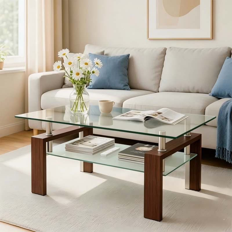 Nansi Glass Coffee Table, Living Room Table and Center table with 2-Tier Storage Shelves, Modern Design with Metal Legs