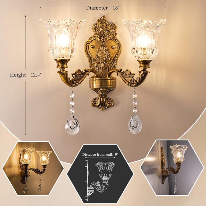 Applique murale pour salle de bain 2 lumières, luminaire mural or