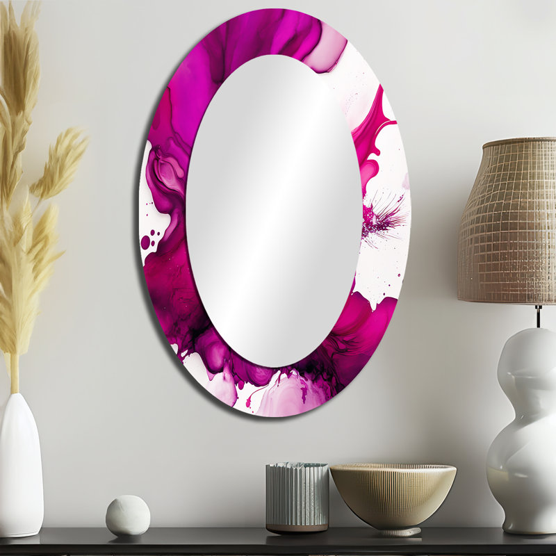 Ancien mystère in Viva Magenta II - Miroir décoratif ovale abstrait sur métal, 36 po x 24 po