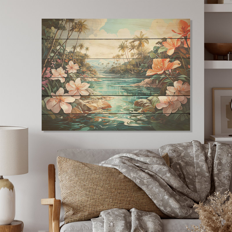 Palmier, charme côtier - fleurs, art mural sur bois de pin naturel, H 24 po x l 32 po