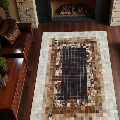 Brown And Beige Cowhide Patchwork Rug, Handmade Natural Leather Carpet