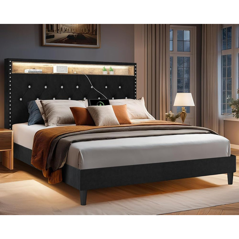 Alber Velvet Upholstered Platform Bed with Storage Headboard and Charging Station,Bed Frame with Diamond Design and LED Lights