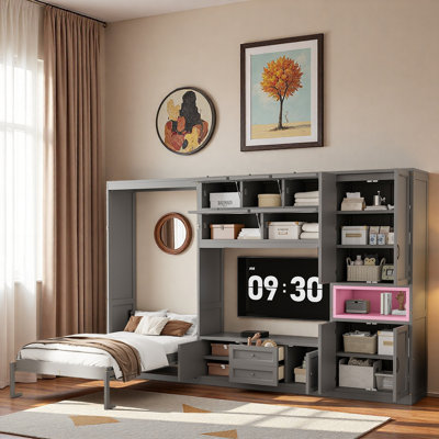 Lit escamotable avec meuble télé, 2 tiroirs et espace de rangement