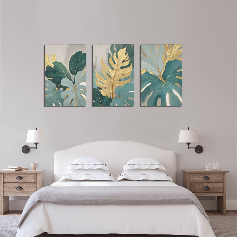 Or et sarcelle, feuille de Monstera, impression sur toile, ensemble botanique moderne (ensemble de 3), H 36 po x l 72 po