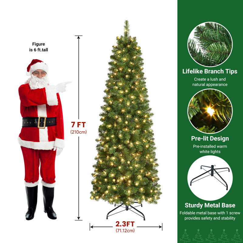 Lighted Artificial  Slim Pencil Christmas Tree, 7' H